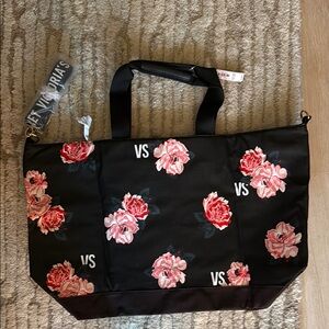 NWT Victoria's Secret Black and Pink Floral Tote Bag